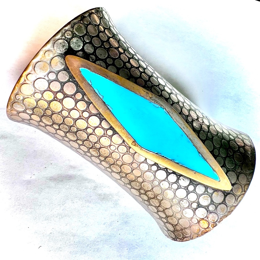 Vintage Cuff Bracelet Arm Power Band Turquoise Diamond Metal Brass Show Stopper